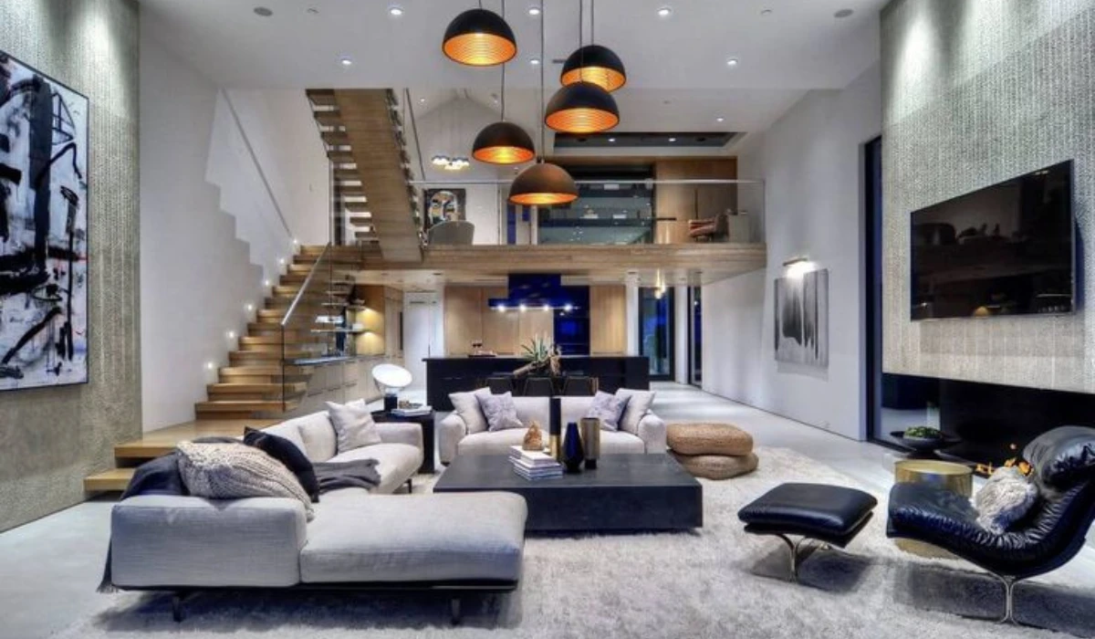 Large living space with industrial pendant