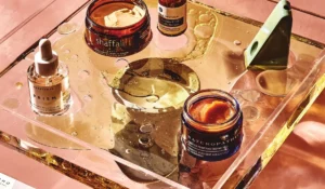 Skincare products on tray