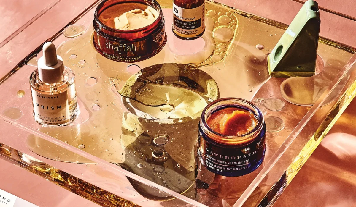 Skincare products on tray