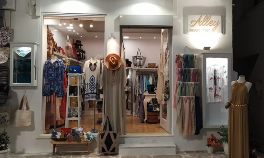 Boutique storefront with clothing displays