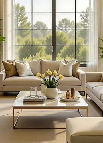 Bright, modern living room with large window