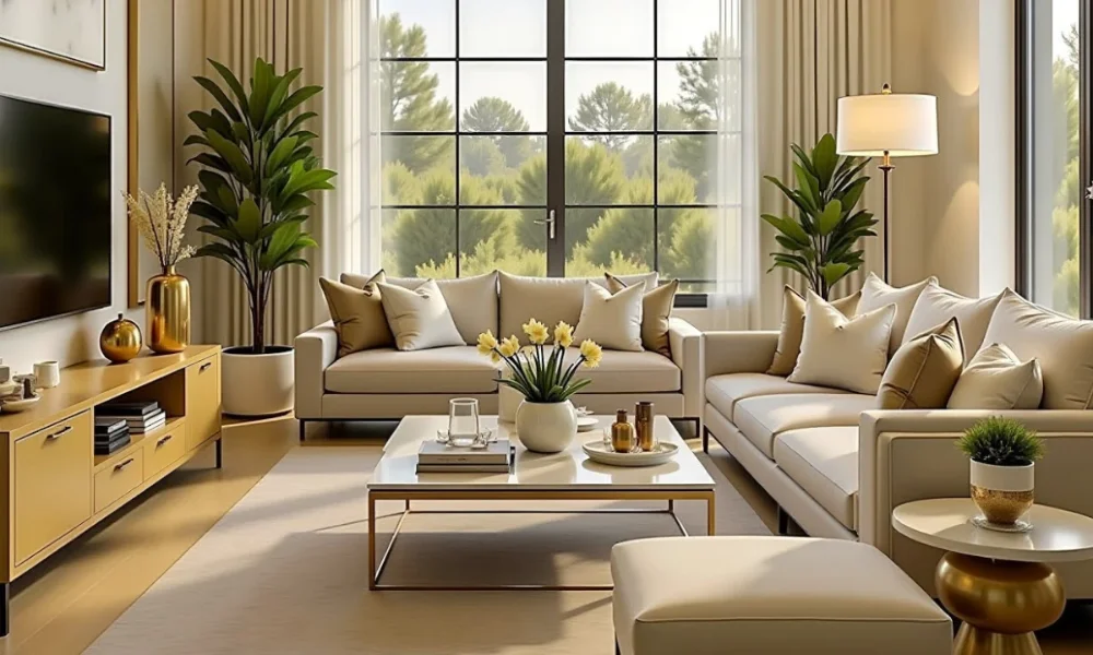 Bright, modern living room with large window