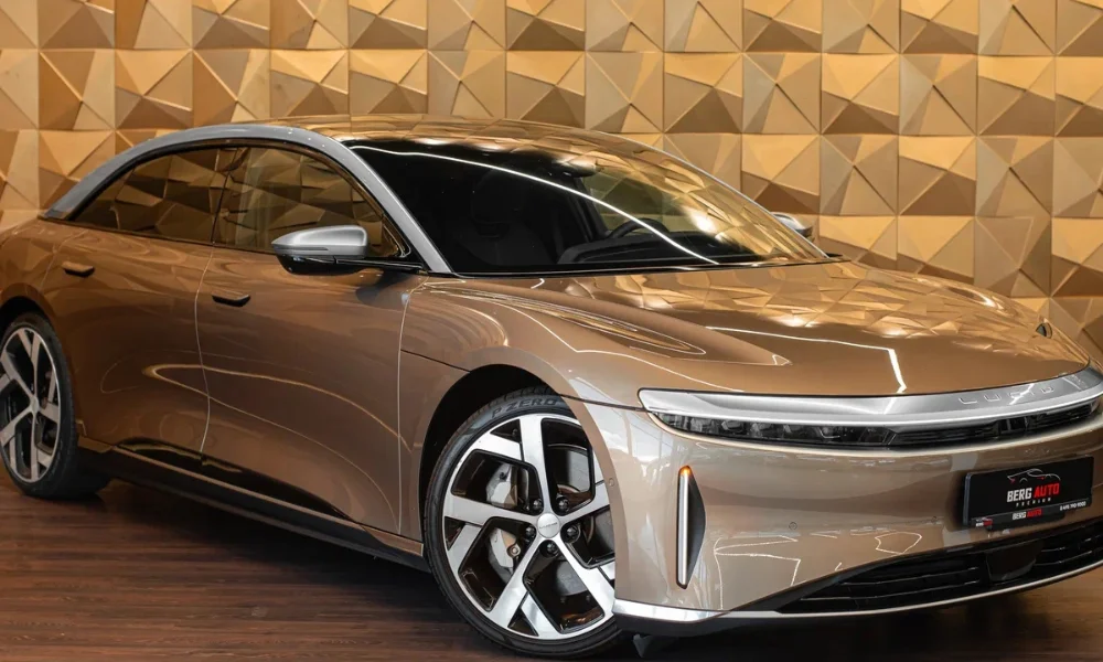 Bronze Lucid Air electric car, angled front view