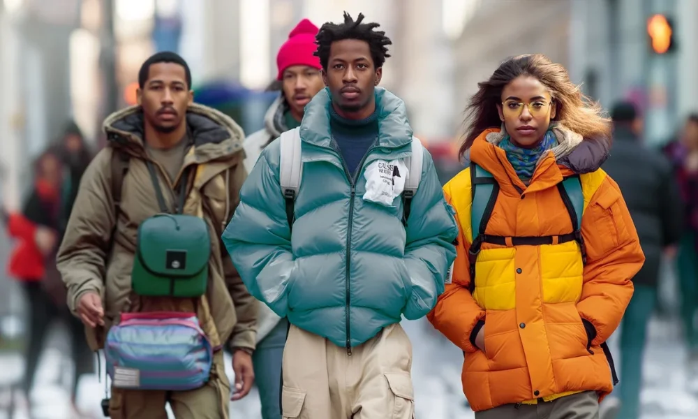 Four people in colorful puffer jackets walking