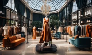 Luxurious boutique with orange dress on mannequin