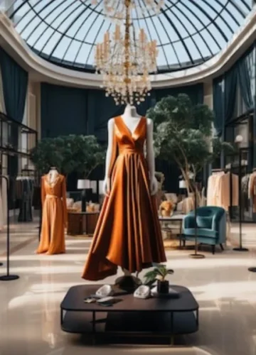 Luxurious boutique with orange dress on mannequin
