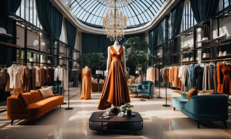 Luxurious boutique with orange dress on mannequin