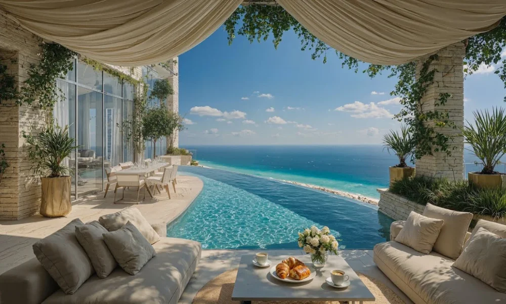 Luxury patio with infinity pool overlooking ocean