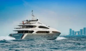 Luxury yacht "Encore" on blue water