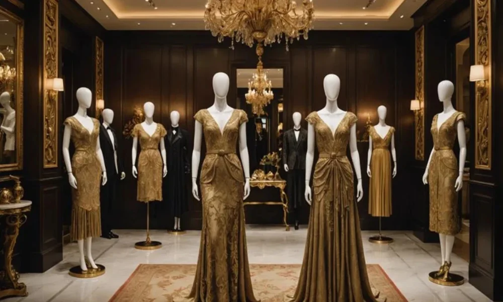 Mannequins in gold dresses and tuxedos in a luxurious room