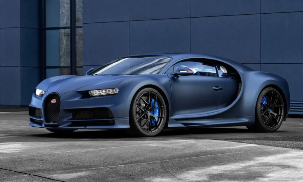 Matte blue Bugatti Chiron parked on asphalt