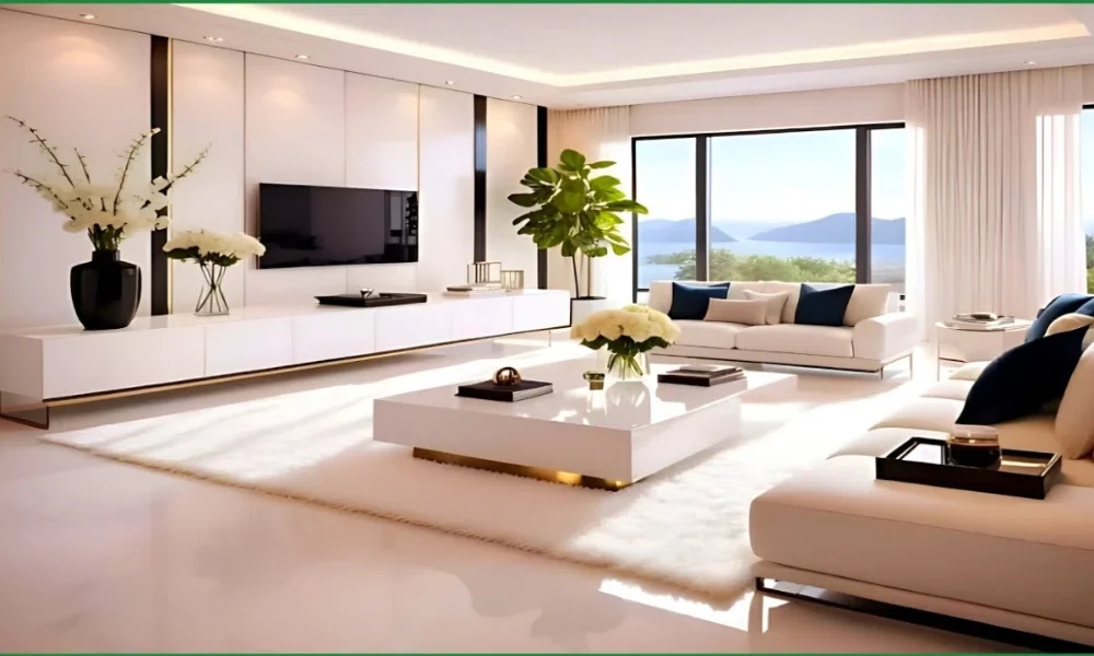 Modern living room with lake view