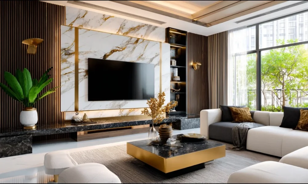 Modern living room with marble and gold accents