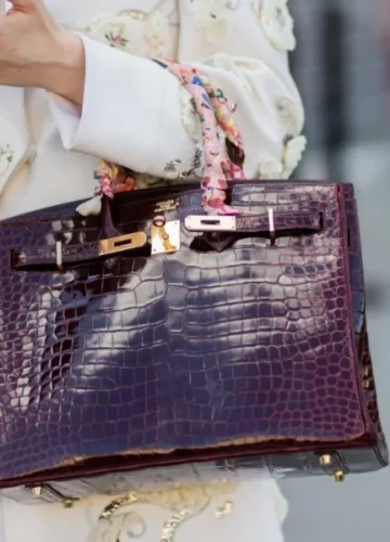 Person in embroidered jacket holding crocodile bag