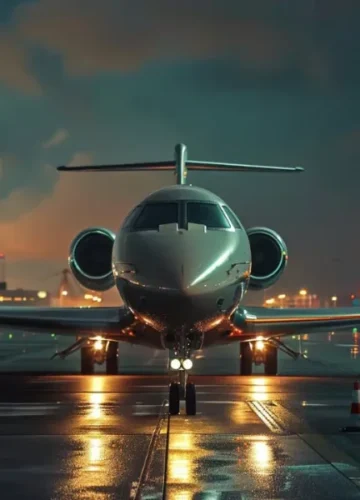 Private jet on wet tarmac at nightPrivate jet on wet tarmac at night