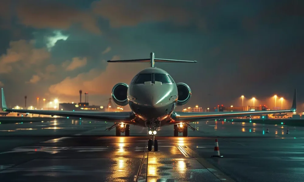 Private jet on wet tarmac at nightPrivate jet on wet tarmac at night