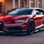 Red Bugatti Chiron parked outside mansion