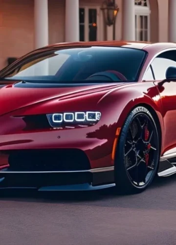 Red Bugatti Chiron parked outside mansion