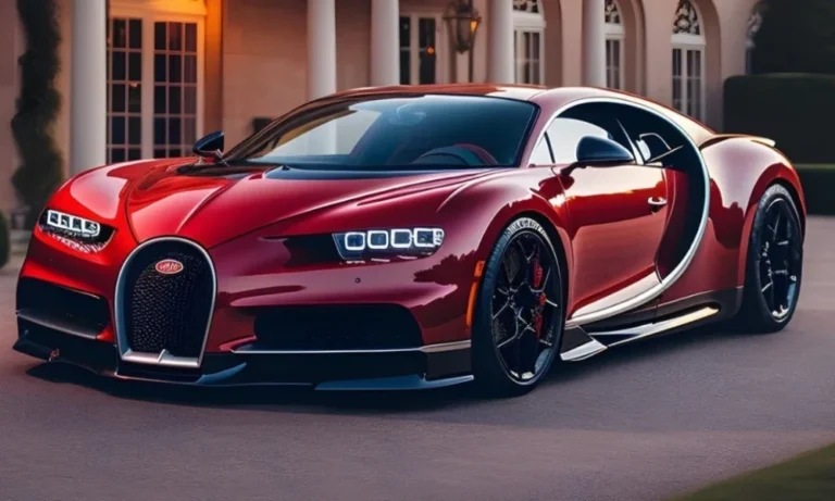 Red Bugatti Chiron parked outside mansion