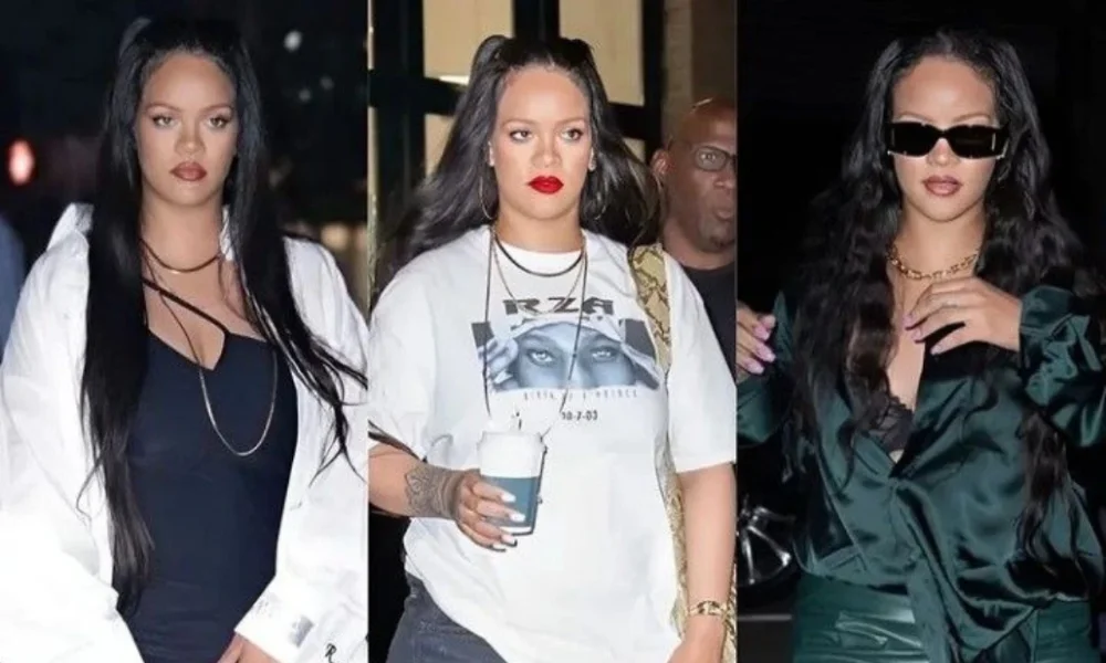 Rihanna in 3 outfits, long dark hair