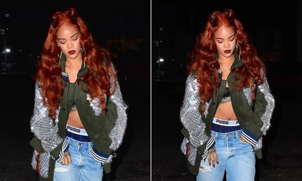 Rihanna in olive jacket, jeans, Puma underwear