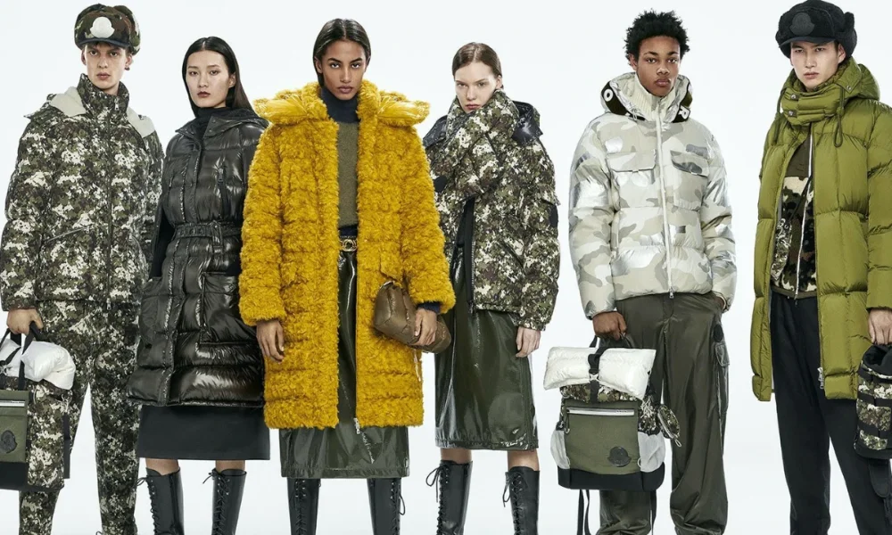 Six models in winter coats and bags