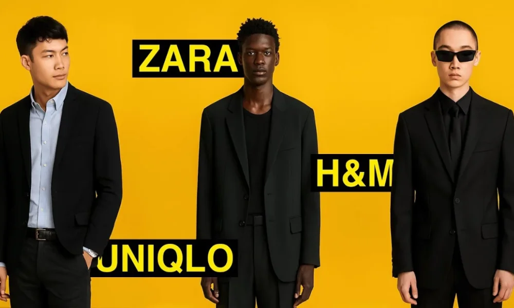 Three men in suits, Zara, H&M, Uniqlo logos