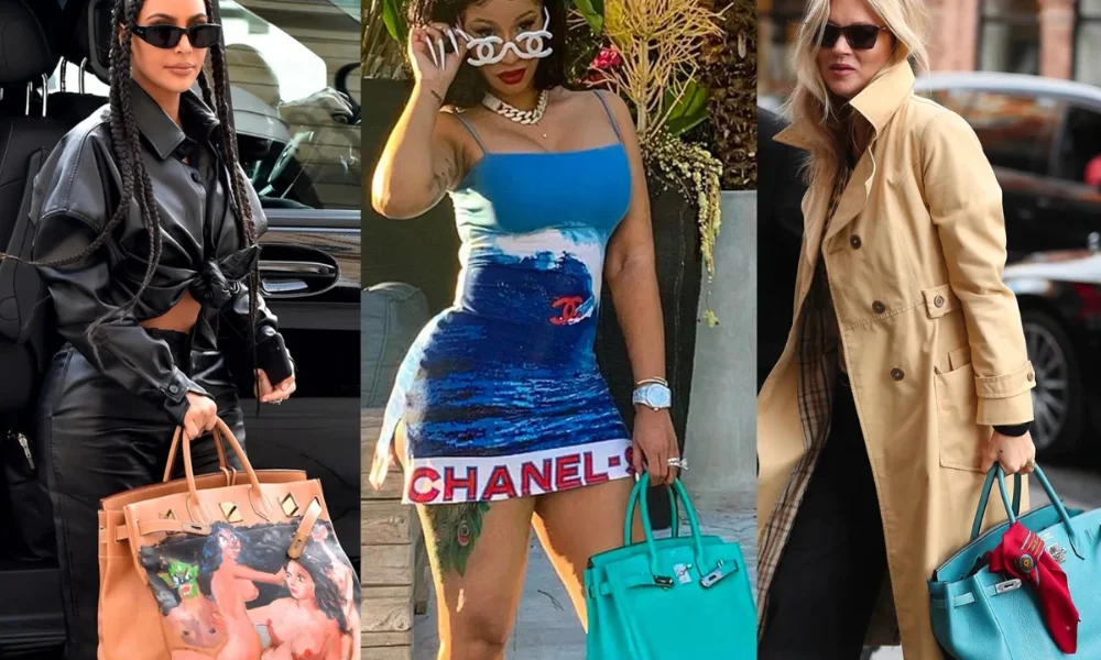 Three women holding Birkin bags