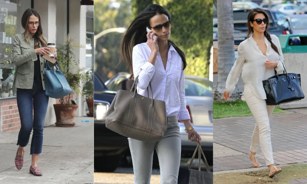 Three women in casual outfits with handbags