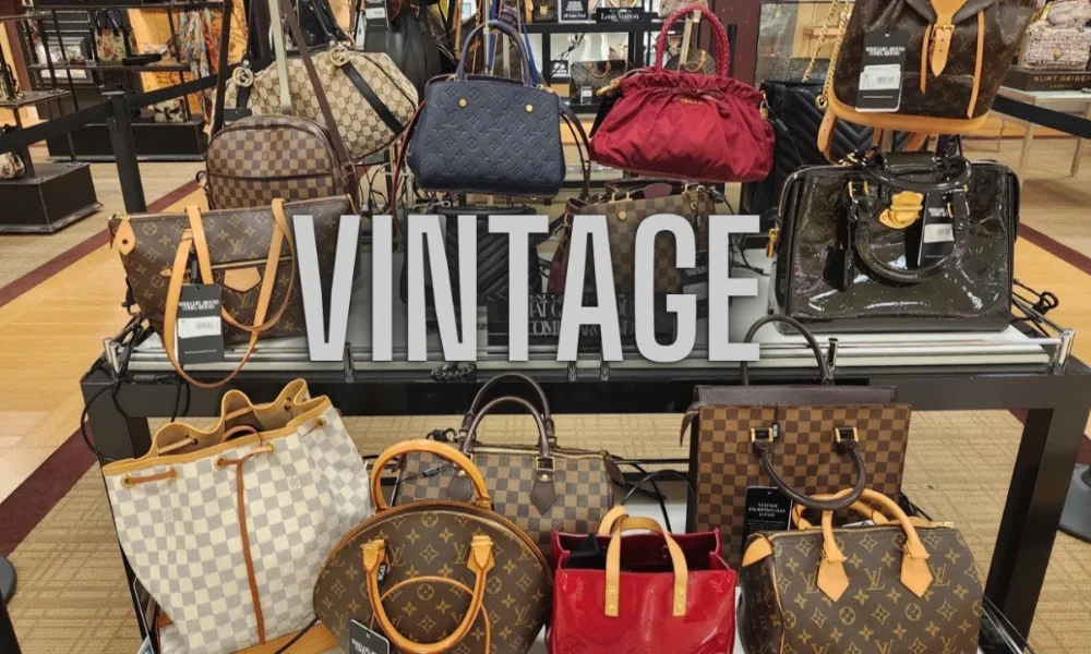 Vintage luxury handbags on display