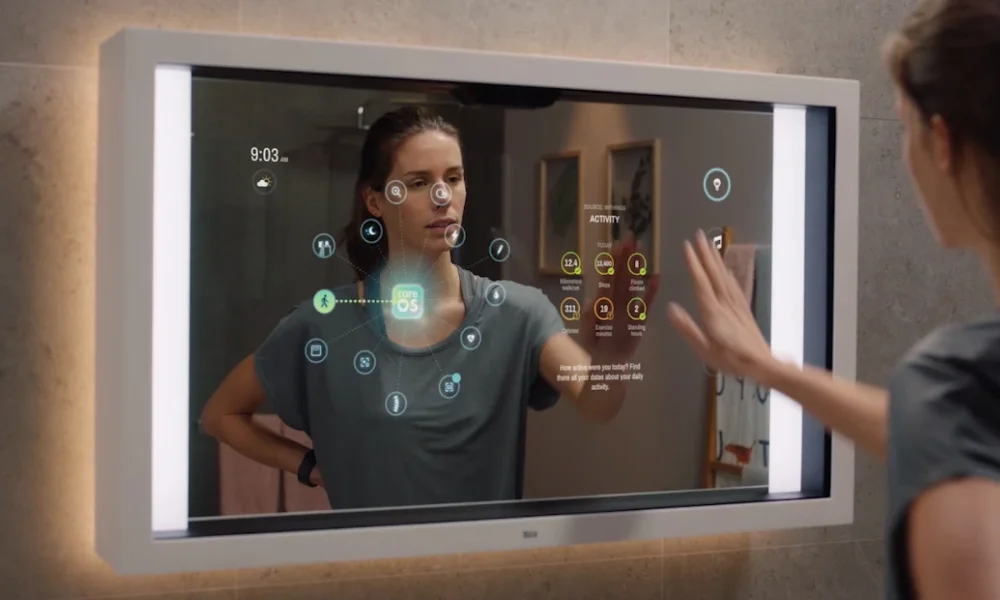 Woman interacting with smart mirror displaying health data