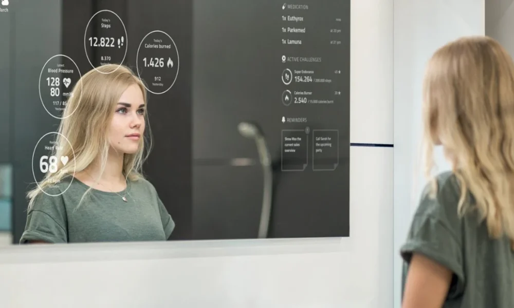 Woman looking at smart mirror with health data