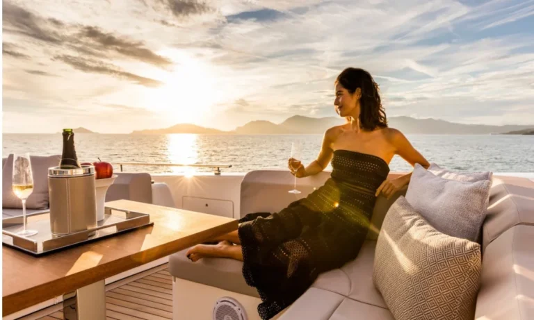 Woman on yacht at sunset with champagne