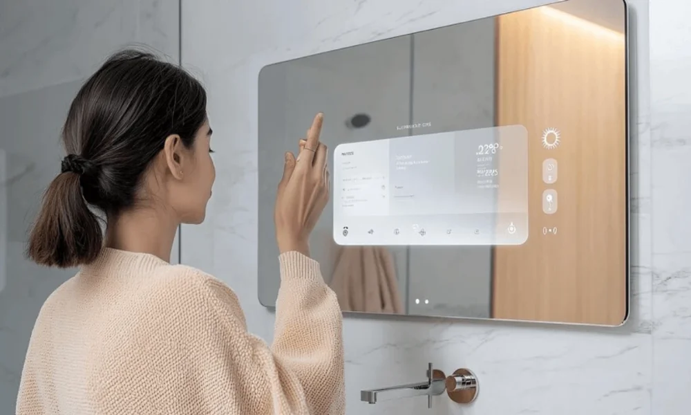 Woman touching smart mirror display in bathroom