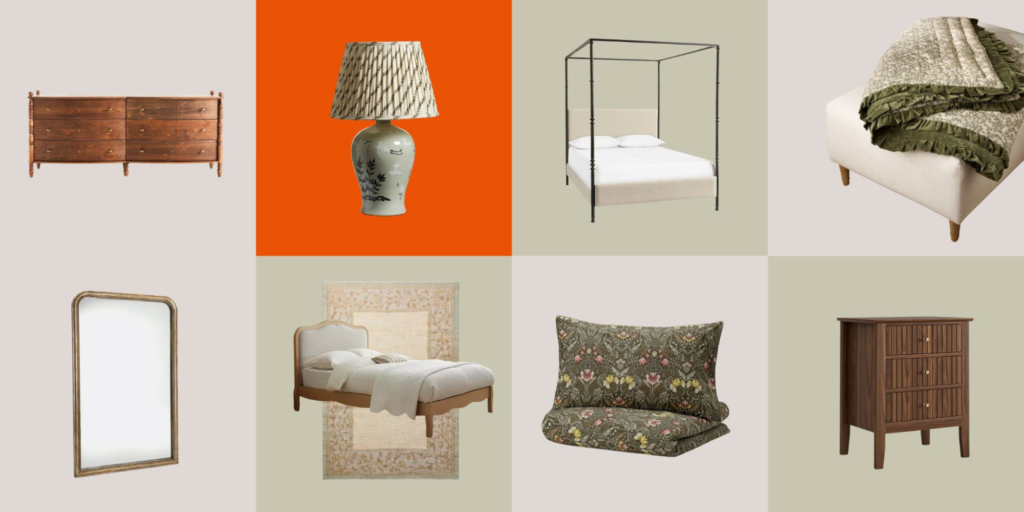 Curated collection of high-end vintage furniture pieces including wooden dressers, a canopy bed, floral printed bedding set, and a classic luxury bedroom vanity mirror