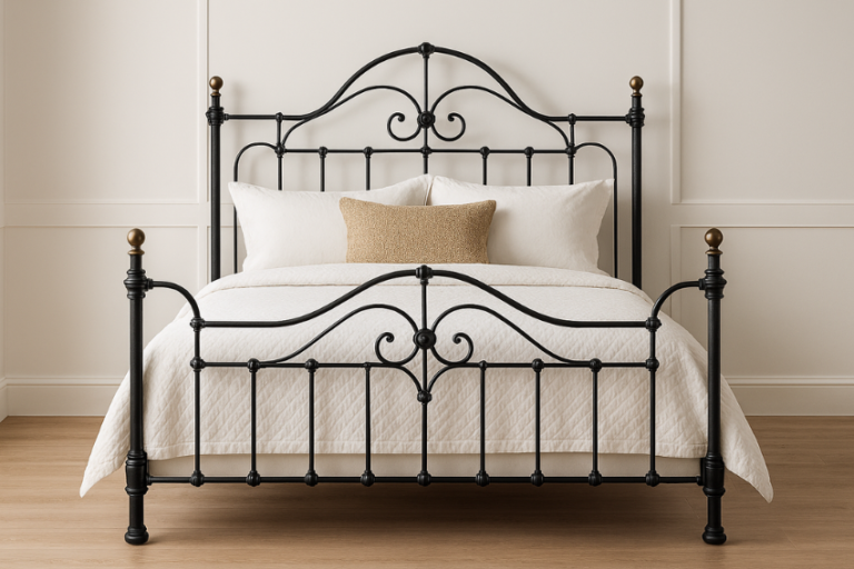 Traditional black wrought iron bed frame with intricate curved metal scrollwork and brass accents against a neutral cream paneled wall