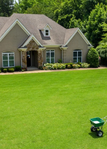 Aerial drone view of a local lawn service provider pushing a spreader to treat a sprawling green grass yard in front of a luxury house.