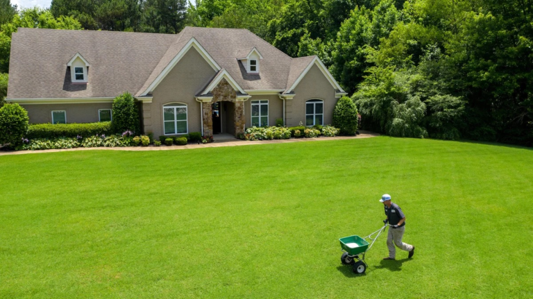 Aerial drone view of a local lawn service provider pushing a spreader to treat a sprawling green grass yard in front of a luxury house.