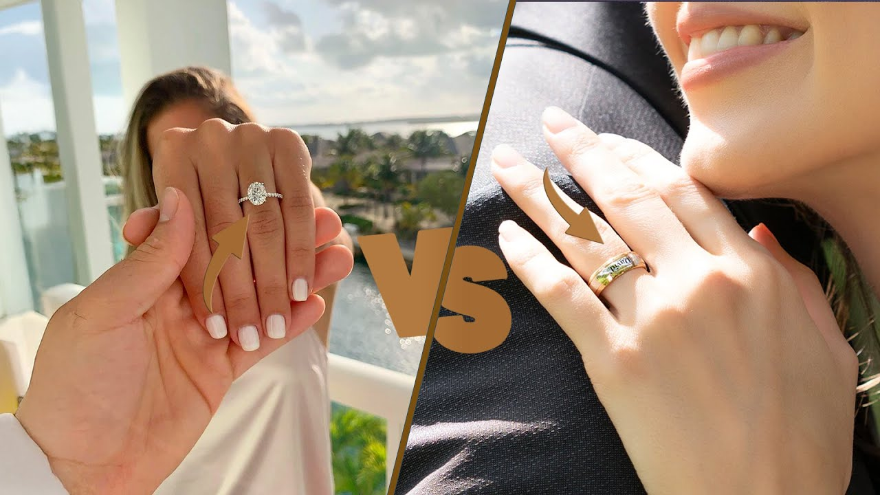 Side-by-side comparison thumbnail with VS text showing a large oval diamond engagement ring on a woman's finger on the left and a classic gold wedding or promise band on the right.