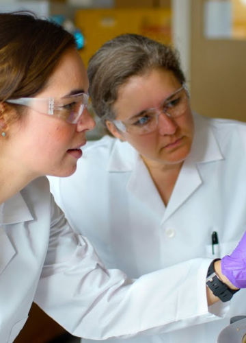Scientists in protective gear conducting experiments in a chemistry lab.