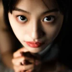 A close-up portrait of a person under dark red ambient lighting