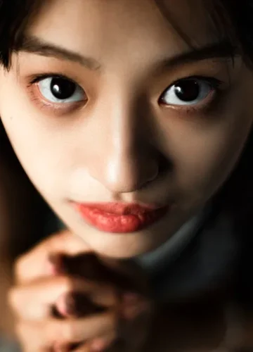 A close-up portrait of a person under dark red ambient lighting