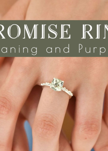 Close-up of a couple holding hands showing a silver promise ring with a square-cut green gemstone, featuring text overlay that reads promise ring meaning and purpose.