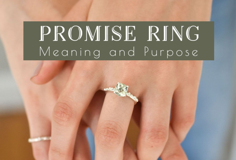 Close-up of a couple holding hands showing a silver promise ring with a square-cut green gemstone, featuring text overlay that reads promise ring meaning and purpose.