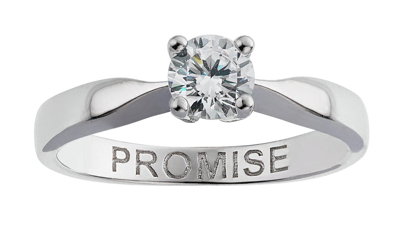 Studio shot of a white gold or silver promise ring featuring a round-cut central diamond solitaire with the word PROMISE engraved on the inside of the band.