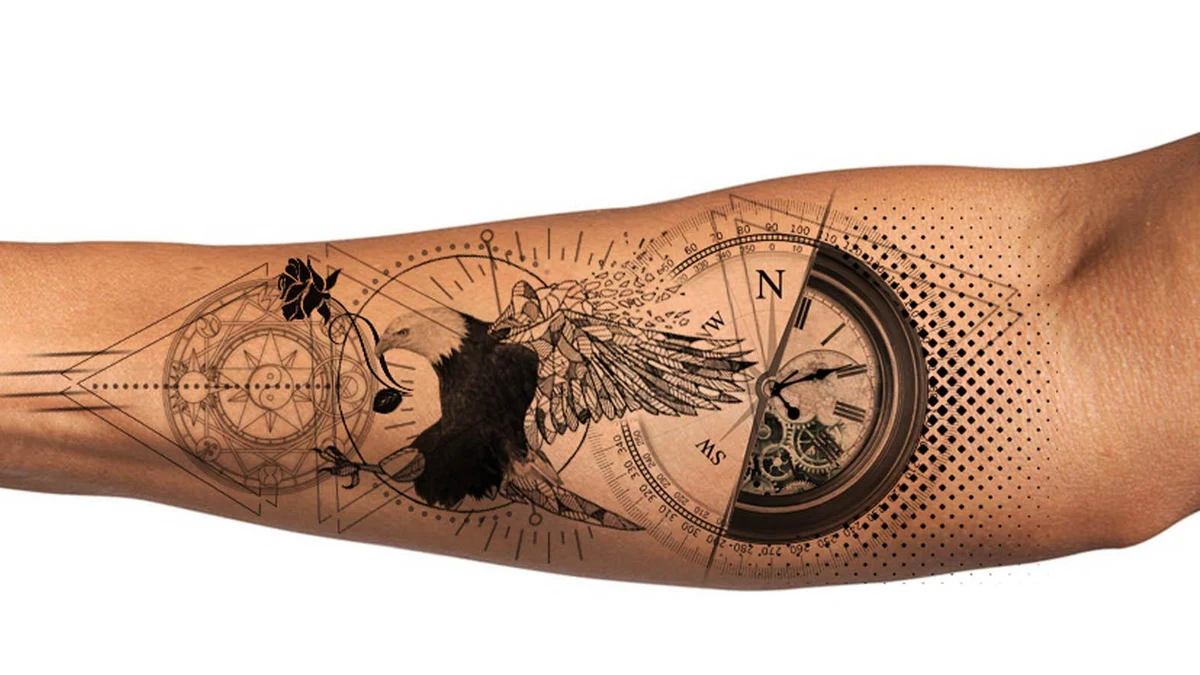 Detailed eagle and clock forearm tattoo design for men.
