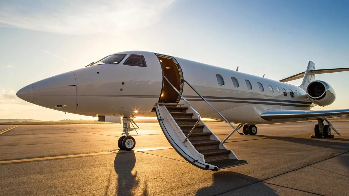 White private jet parked on a sunny tarmac with its airstair door open, illustrating how flying private works