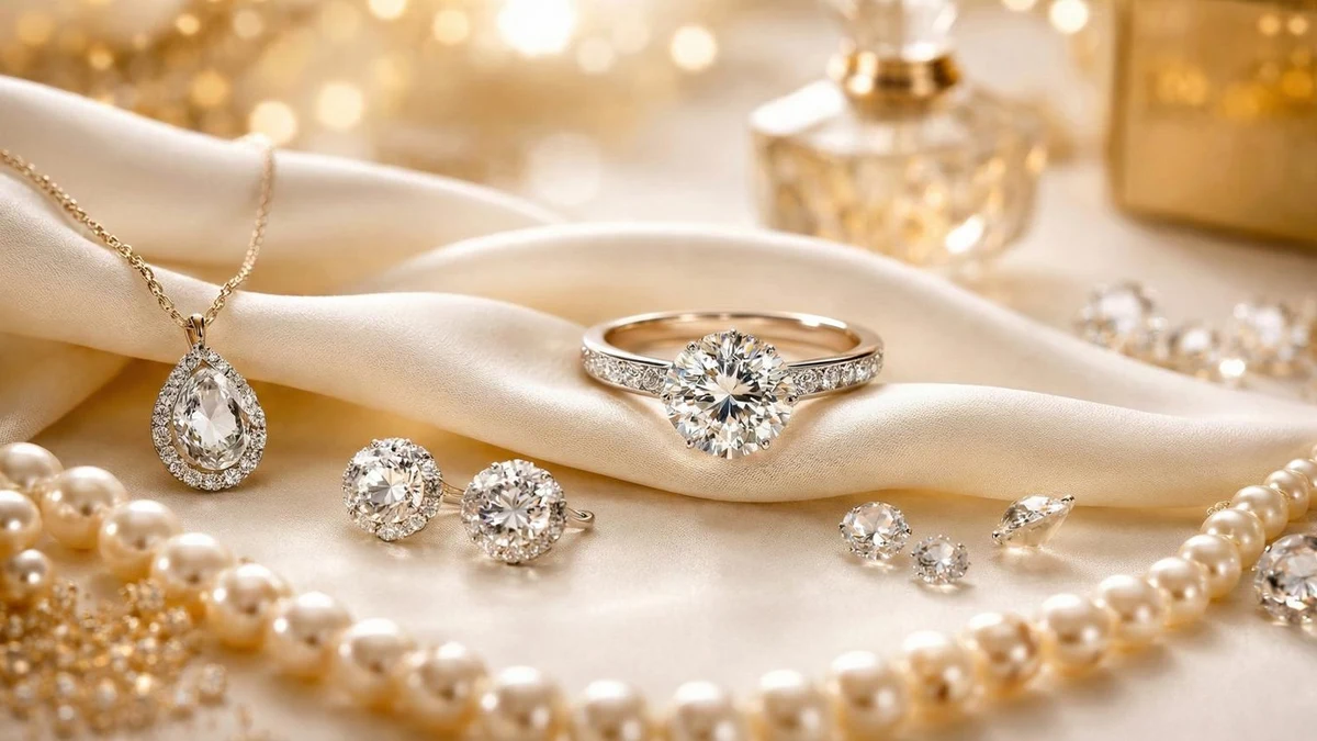 A selection of luxurious jewelry including a diamond ring, pendant necklace, and pearls.