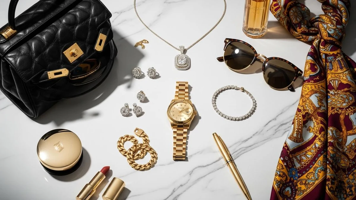 Flat lay of designer luxury accessories including a black handbag, gold watch, silk scarf, and jewelry.