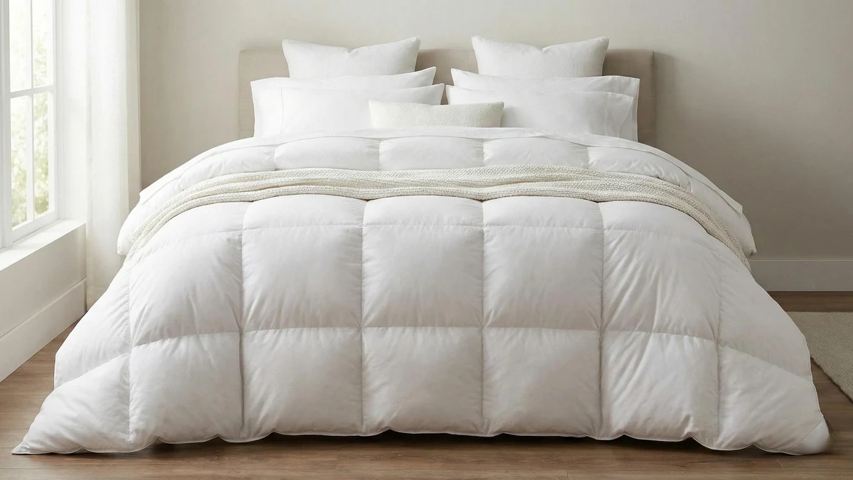 A plush white down comforter with box stitching layered on a luxury bed.